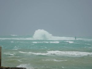 台風のうねりは徐々に。港にゴミがいっぱいで、片付けないと船がだせません。