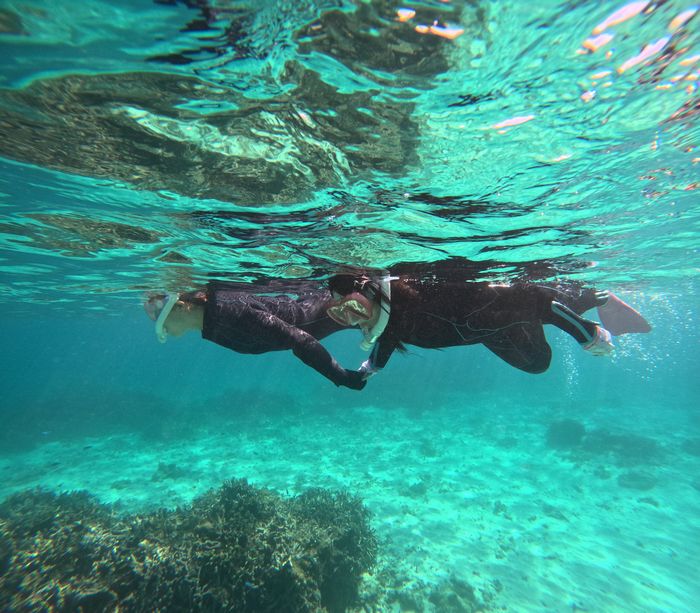 すぐに泳ぎ始めるお母さんとお姉さん
