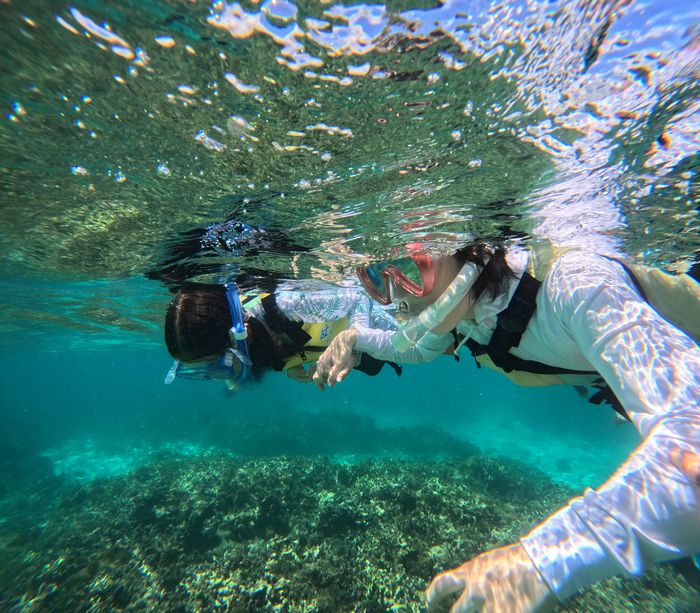 お母さんと泳ぐ