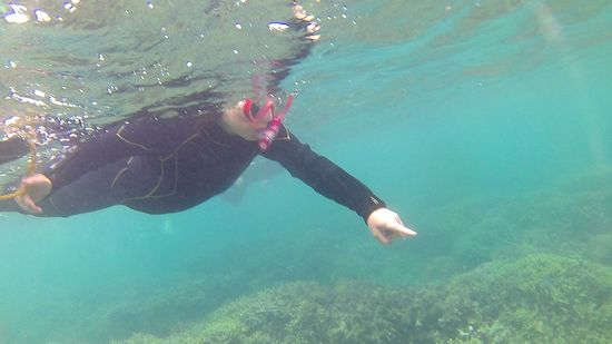 指をさして喜んでいます